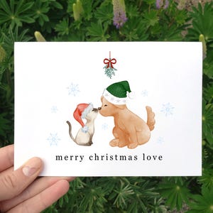 Carte de Noël amusante à imprimer, Joyeux Noël d'amour, carte de Noël avec chat et chien, carte de gui petit ami, carte de Noël pour mari
