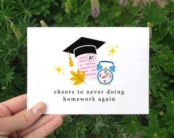 印刷可能な面白い卒業カード、卒業おめでとう、面白い卒業ギフト、大学卒業、高校卒業、宿題なしカード、おめでとう