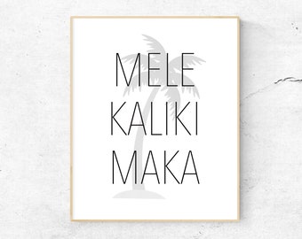 Op de afbeelding: Een zwart-wit print met een palmboom afbeelding en de tekst "Mele Kaliki Maka".