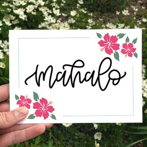 Tarjeta de Mahalo imprimible, tarjetas de agradecimiento tropical, descarga digital Tarjeta de flor de Mahalo, tarjeta de ducha de bebé minimalista, tarjeta de agradecimiento de Hawaii