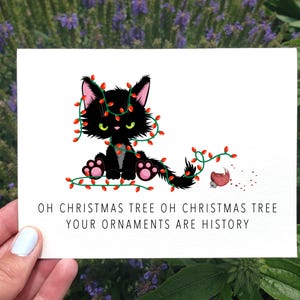 Cartão de Natal engraçado para imprimir, Cartão de gato de Natal engraçado, Cartão de Natal com gato, Cartão de boas festas, Oh árvore de Natal, Cartão de enfeites