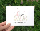 Printable So Happy For You Card, Minimalist Baby Shower Card, New Baby Congrats Card, Stork Card, Baby Girl Card, Cute Pregnancy Gift