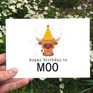 Cartão de aniversário engraçado, feliz aniversário para Moo, cartão de vaca das Terras Altas, cartão de aniversário para fazendeiro, cartão de aniversário de vaca engraçado, cartão de aniversário fofo e engraçado
