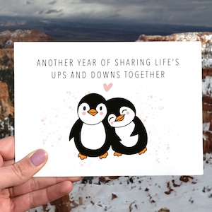 Otro año de compartir juntos los altibajos de la vida, tarjeta Penguin I Love You, tarjeta romántica de San Valentín, tarjeta de aniversario imprimible para él