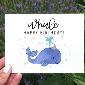 Afdrukbare walvis Happy Birthday Card, afdrukbare verjaardagskaart voor kinderen, leuke verjaardagskaart voor babyjongen, grappige woordspeling verjaardagskaart, walviskaart