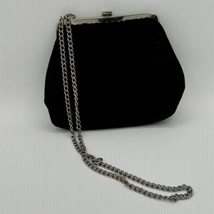 Vintage Schwarz Samt Abend Clutch mit Silber Kette