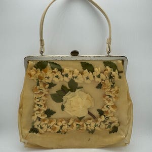 Vintage Floral Metal Frame Bag with Cream Fabric Flowers