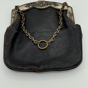 Antike Leder Geldbörse mit verzierten Metallrahmen - Vintage Kettengriff Beutel