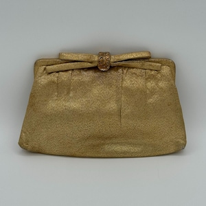 Vintage Gold Satin Clutch with Bow Accent - Classic Evening Bag with Ornate Clasp