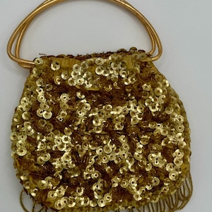Vintage Gold Sequin Evening Handbag with Double Handle - Mid-Century Glamor