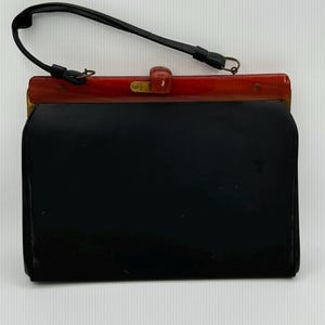 Vintage Black Handbag with Brown Lucite Frame - Retro Structured Purse