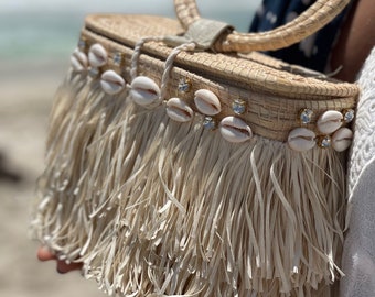 Borsa in rafia ricamata con conchiglie, borsa da spiaggia in fibra