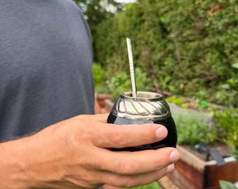 手作りのセラミック製マテ茶カップセット、アルパカシルバーストロー