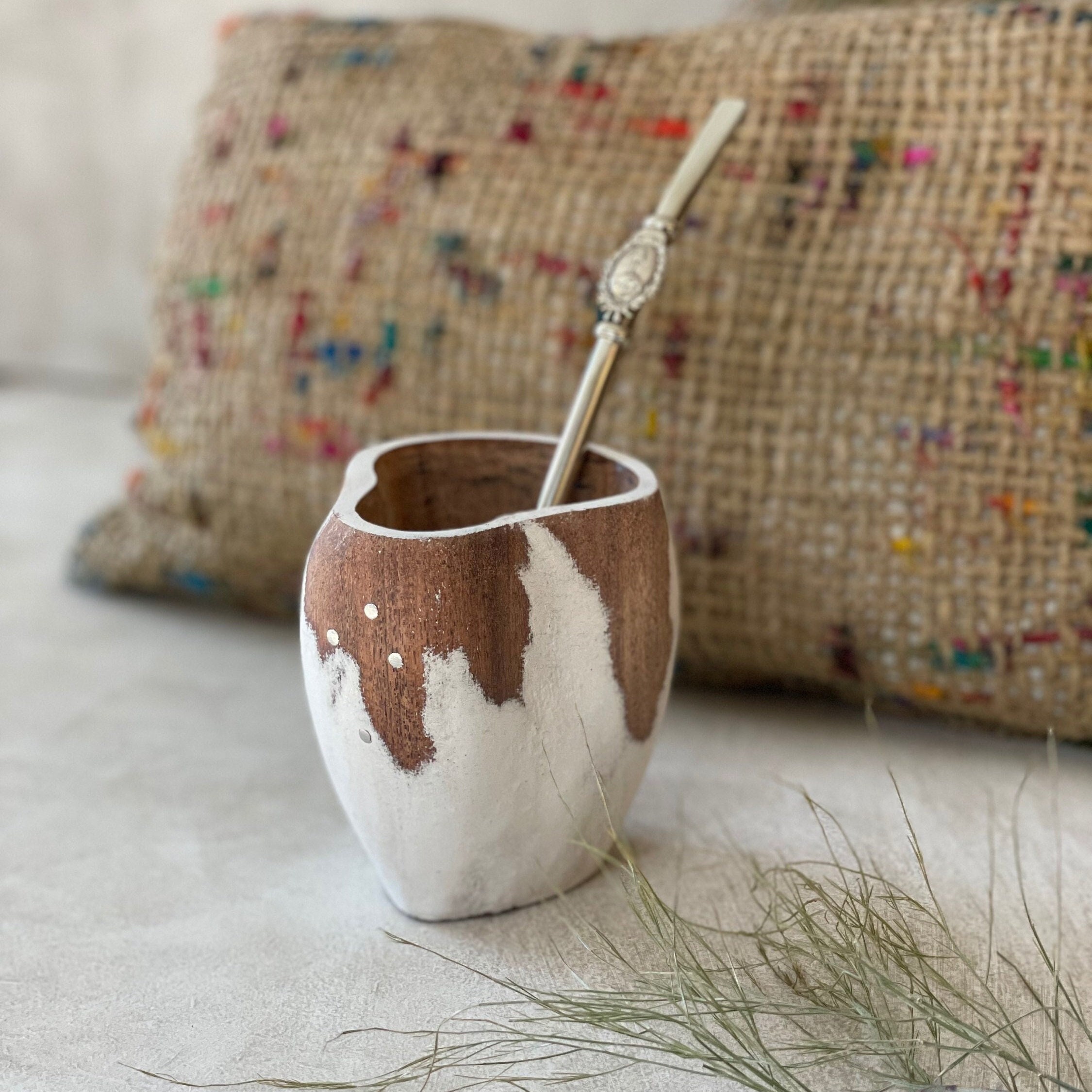 Mate Argentino Hand Carved wooden Wood Cup , Straw, BONUS Spoon Yerba Mate  Sun