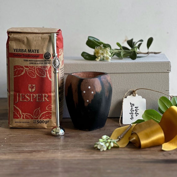 Yerba Mate Gift Box, Handmade Argentina Algarrobo Gourd Set Alpaca