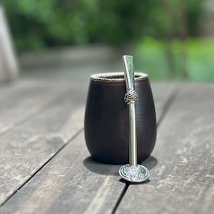 Small Wooden Yerba Mate Cup Argentina, Mate Gourd with bombilla, Premium Handcrafted German Silver Straw, Gift for Him, Yerba Mate Kit