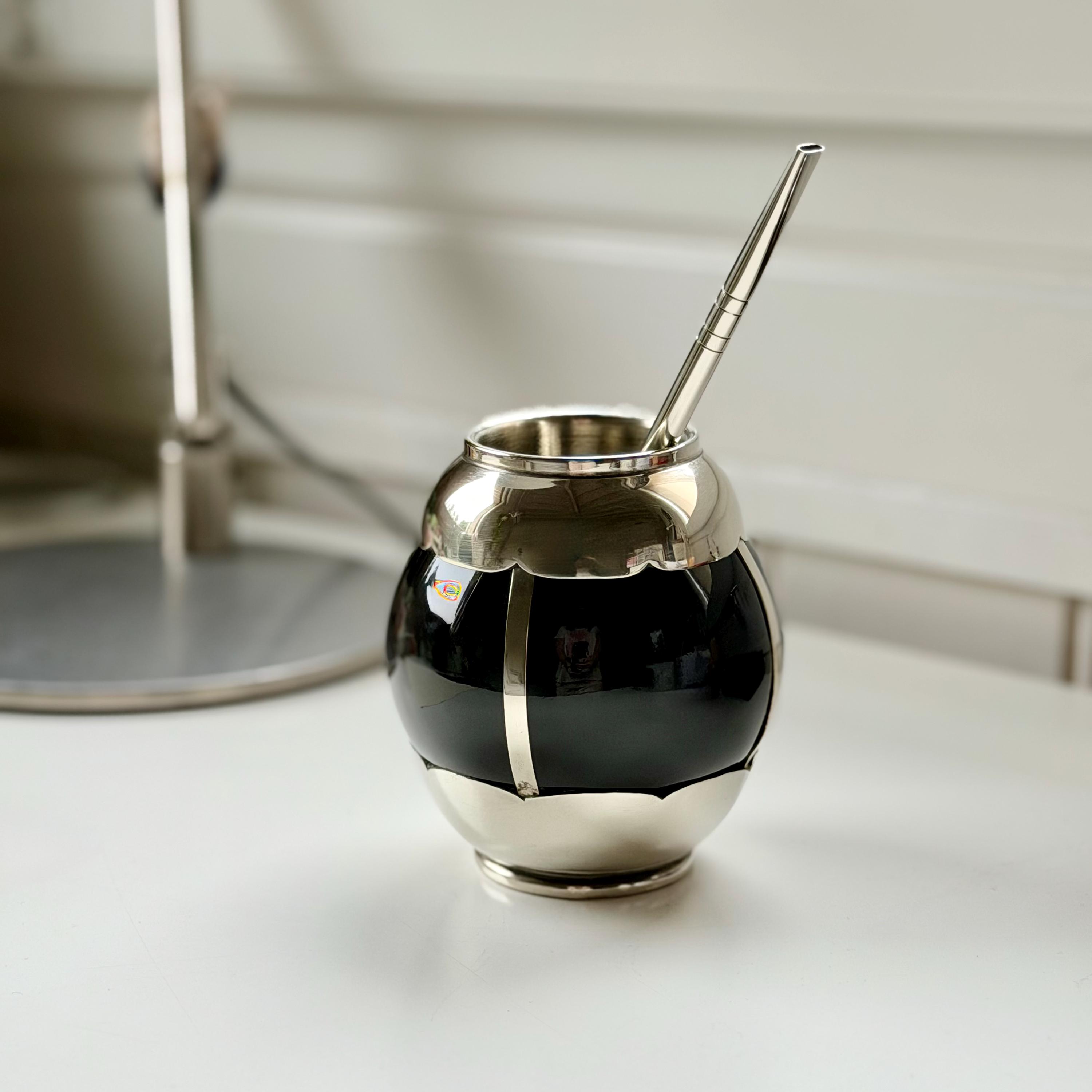 手作りのセラミック製マテ茶カップセット、アルパカシルバーストロー