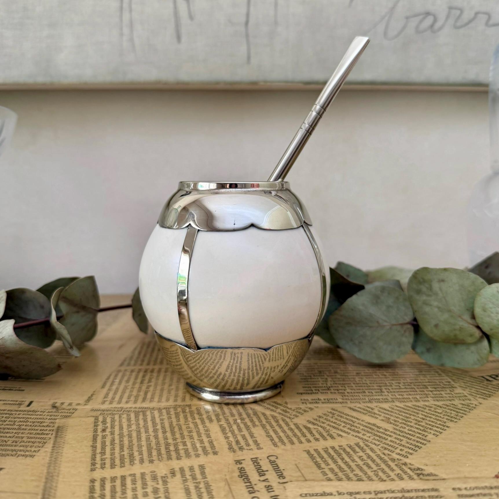 手作りのセラミック製マテ茶カップセット、アルパカシルバーストロー