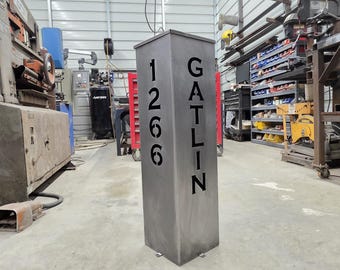 Custom Solar Metal Address Column, Last Name & House Numbers, Modern Steel Driveway Post, Optional Solar Light Lid, Yard Curb Appeal Sign