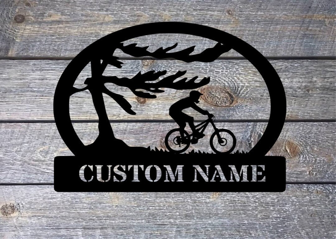 Mountain Bike Rider Metal Sign, Blowing Trees, Personalized 14 Gauge ...