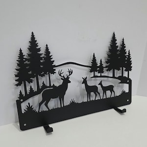 Forest Deer Metal Bow Rack | Compound Bow Wall Holder | Hunting Scene Metal Art | Rustic Cabin & Man Cave Archery Decor