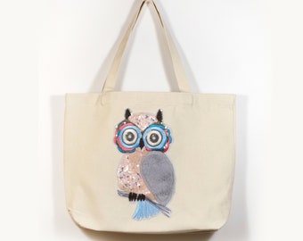 Stofftasche mit Eulenstickerei Handgemachte haltbare Baumwollstrandtasche