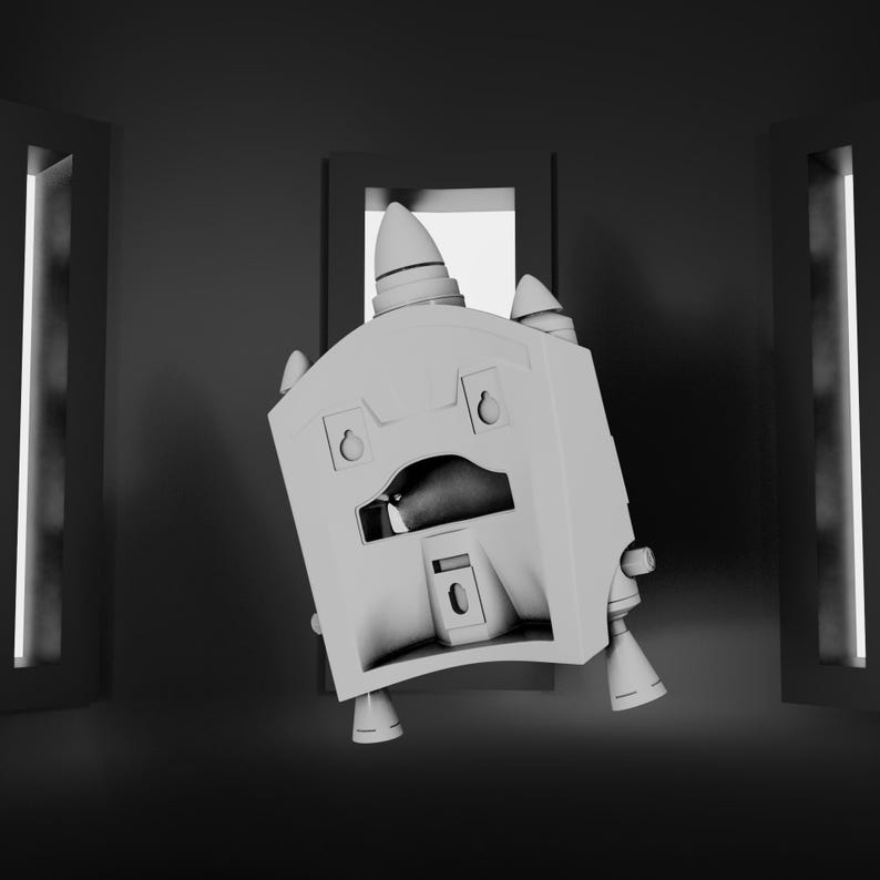 May include: A matte light gray, angular, box-like object with a central horizontal opening, a small rectangular slot below it, and four pointed, rocket-shaped protrusions extending from the top and bottom corners, presented in a monochromatic style.