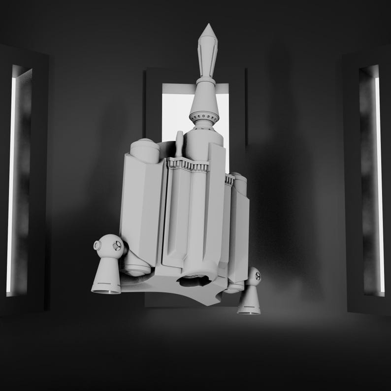 May include: A matte gray jetpack featuring a central vertical thruster, two large rectangular fuel tanks, and two smaller side-mounted thrusters. The design includes a series of horizontal ridges and circular vents, presented in a monochromatic style.