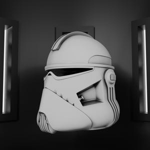 May include: A gray, detailed helmet with a visor and distinctive cheek and chin designs. The helmet is set against a dark background with vertical light panels on either side, creating a futuristic aesthetic.