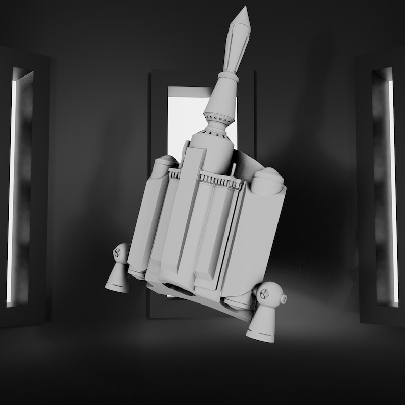 May include: A matte gray jetpack featuring a central vertical thruster, two large side canisters, and two smaller downward-facing nozzles at the base. The design includes a series of horizontal ridges and a pointed top component in a solid color.