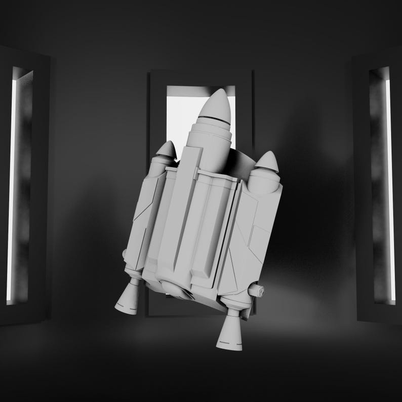 May include: A matte gray jetpack featuring a central cylindrical thruster flanked by two smaller side thrusters, each topped with a pointed conical cap. The structure displays geometric paneling and angular details across its surface.