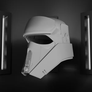 May include: A light gray helmet with a visor and detailed facial features. The helmet has a futuristic design, with angular shapes and a smooth surface. The image is set against a dark background, with vertical light panels on either side.