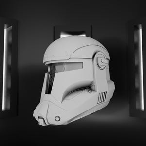 May include: A matte light grey tactical helmet featuring a smooth, rounded dome, a horizontal visor opening, and a prominent chin guard. The side includes a circular mechanical detail and vertical ventilation slats, presenting a clean, structured design.