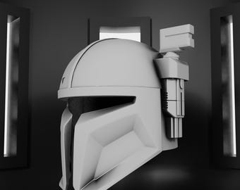 May include: A grey Mandalorian helmet with a T-shaped visor and a rectangular attachment. The helmet is set against a dark background with vertical light panels on either side.