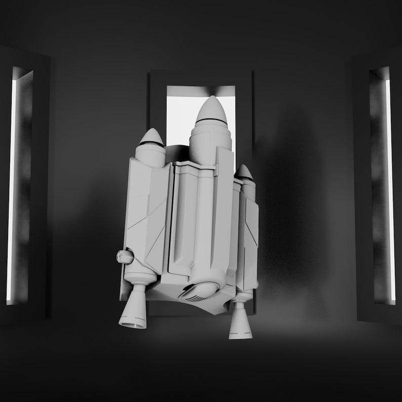 May include: A matte white jetpack featuring a central thruster flanked by two smaller side thrusters, a pointed top section, and a rectangular main body with geometric paneling and a small circular vent detail at the bottom center.