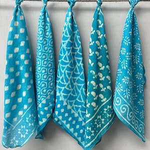 Set of 5 Mud Printed Indian Cotton bandana,Neckkerchief,Handkerchief,Necktie, Face mask, Hijab,Hand made with natural colours gift item