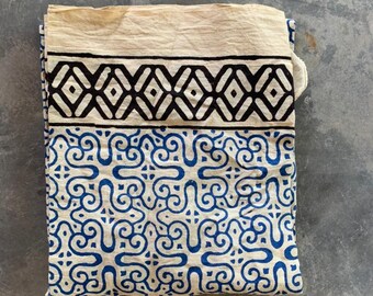 May include: A folded white cotton fabric with a blue and black geometric pattern. The fabric has a border of black diamonds and a repeating pattern of blue swirls.