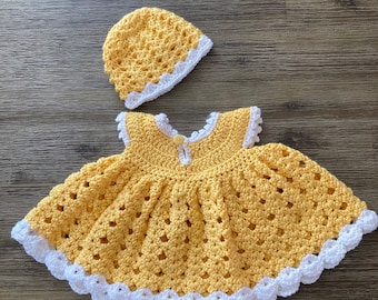 Crocheted Baby Dress with Hat – Yellow & White, 0-3 Months