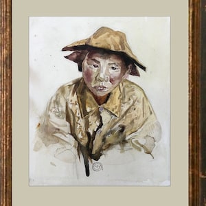 Retrato de acuarela de niño japonés pintura Original cultura japonesa arte de pared decoración contemporánea para el hogar pequeña obra de arte de AGA