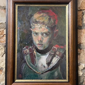 Retrato a óleo emoldurado do jovem Perseu, pintura original, decoração antiga para casa, arte medieval, arte renascentista para parede, retrato masculino da AGA