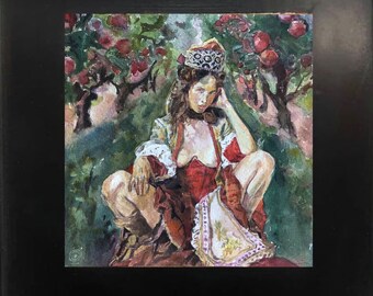 Retrato de acuarela de cortesana, pintura original, arte mural renacentista, moda vintage, retrato femenino, mujer fatal, de AGA