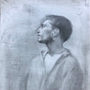 Male Head Pencil Portrait Original Drawing Academic Study Classic Art Handsome Man Graphite Pencil Traditional Drawing by AGA