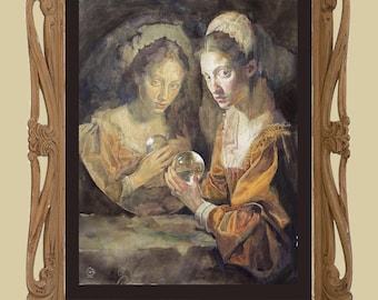 La chica que encanta el espejo. Pintura original. Retrato en acuarela. Arte oscuro. Decoración gótica para el hogar. Arte mural de hechicera. Decoración de Halloween por AGA.