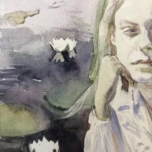 May include: Watercolor painting of a woman and water lilies. The artwork features a woman's face and arm, with white water lilies floating on a dark, reflective body of water. The color palette is soft, with muted greens, blues, and whites.