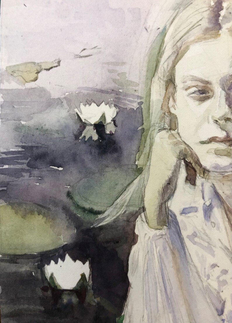 May include: Watercolor painting of a woman and water lilies. The artwork features a woman's face and arm, with white water lilies floating on a dark, reflective body of water. The color palette is soft, with muted greens, blues, and whites.