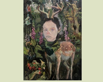 Centaur Deer Oil Portrait Original Painting Mystic Creature Symbolic Wall Art Mythology Artwork Impressionism Art Forest Landscape  by AGA