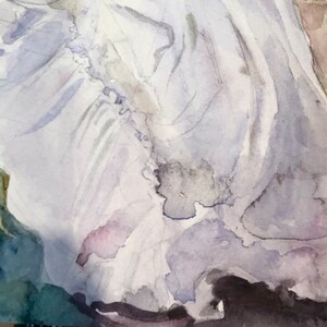May include: Watercolor painting of a white dress with ruffled details, rendered in soft shades of lavender and gray. A green frog is visible on the left side of the image. The artwork has a dreamy, ethereal quality.