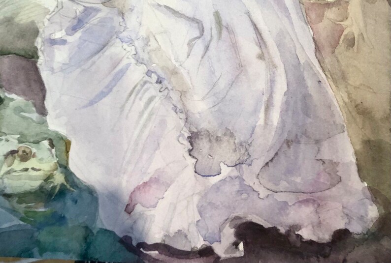 May include: Watercolor painting of a white dress with ruffled details, rendered in soft shades of lavender and gray. A green frog is visible on the left side of the image. The artwork has a dreamy, ethereal quality.