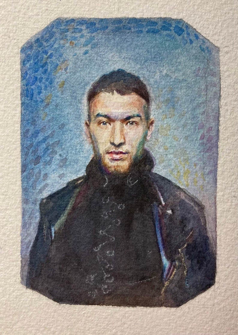 Homme Aquarelle Portrait Original vintage Peinture Antique Wall Art