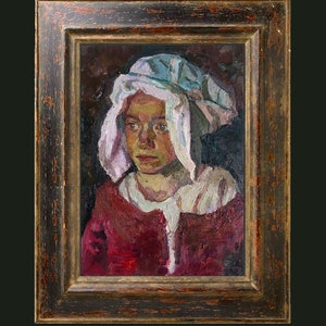 Chica campesina retrato al óleo pintura original joven arte holandés viejos maestros vintage decoración del hogar por AGA